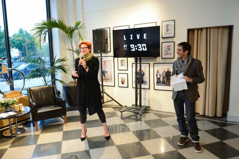 Shinola CMO Bridget Russo and Live at 930 EP Michael Holstein preview the premiere episode of Live at 930 for party guests on May 18, 2016 - Photo by Ben Droz